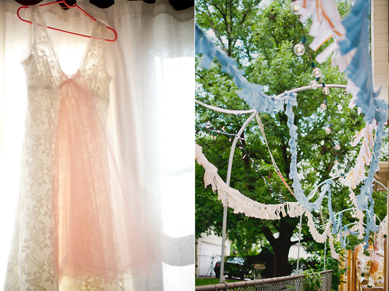 wedding dress hanging in window, backyard wedding decorations
