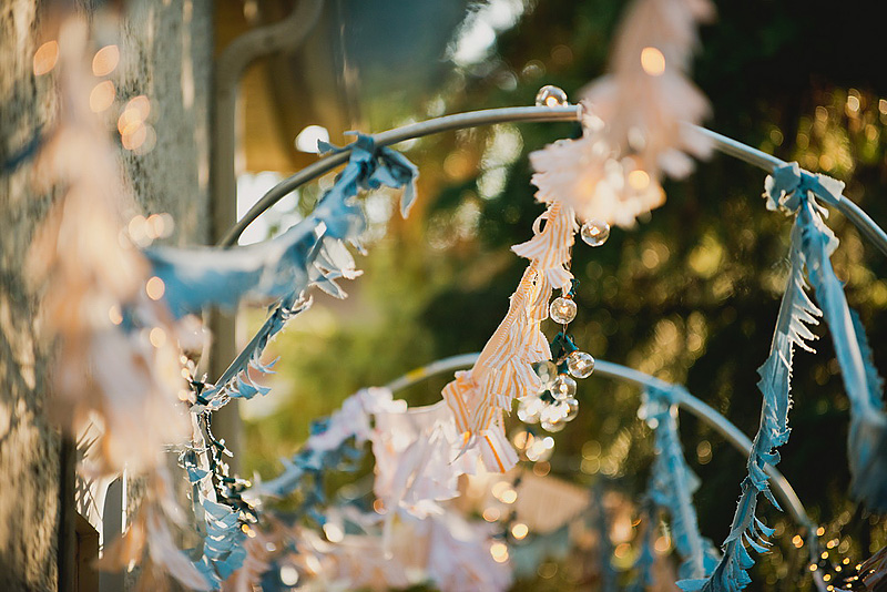 wedding decoration details in blue and peach