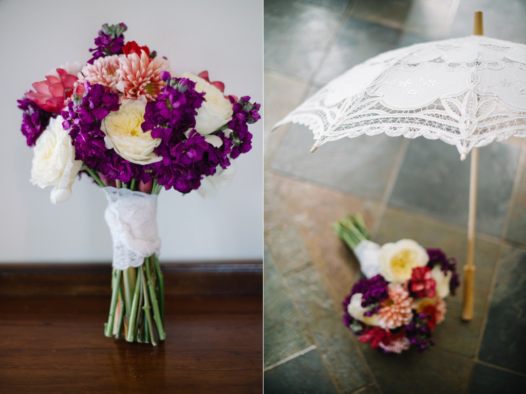 wedding bouquet with cream and purples