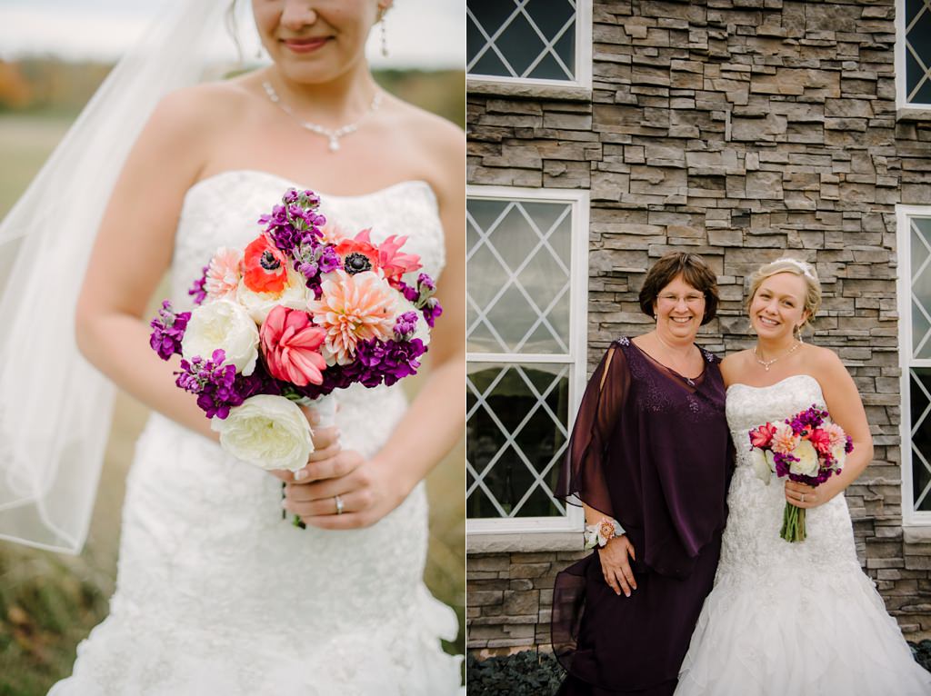 bride poses with mother and bouquet of cream and purples