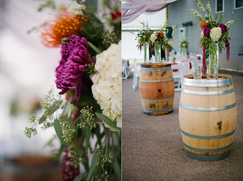 flower details at winery wedding reception