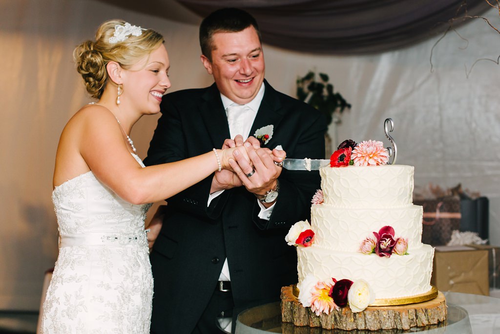 bride and groom cut cake at wisconsin wedding reception