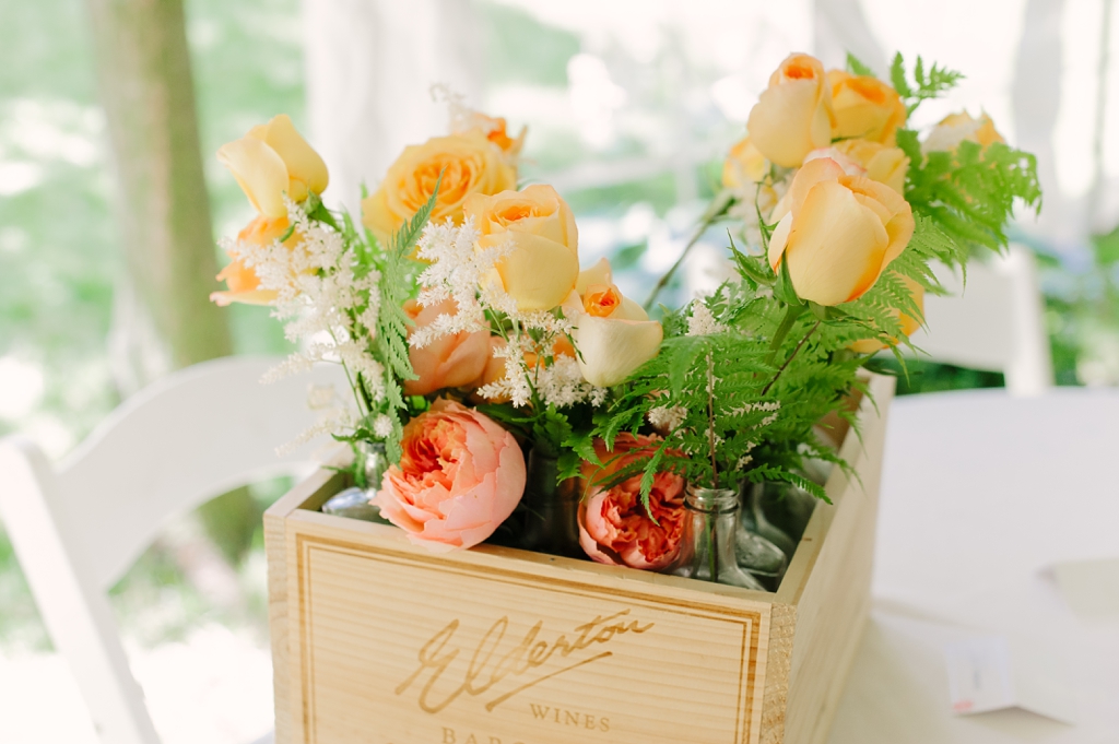 orange and peach rose centerpieces at a backyard wedding