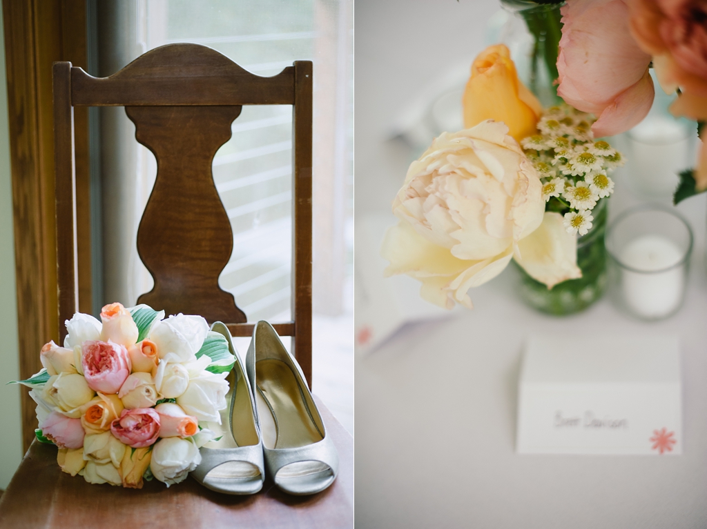 bridal bouquet and shoes detail, backyard wedding reception place cards