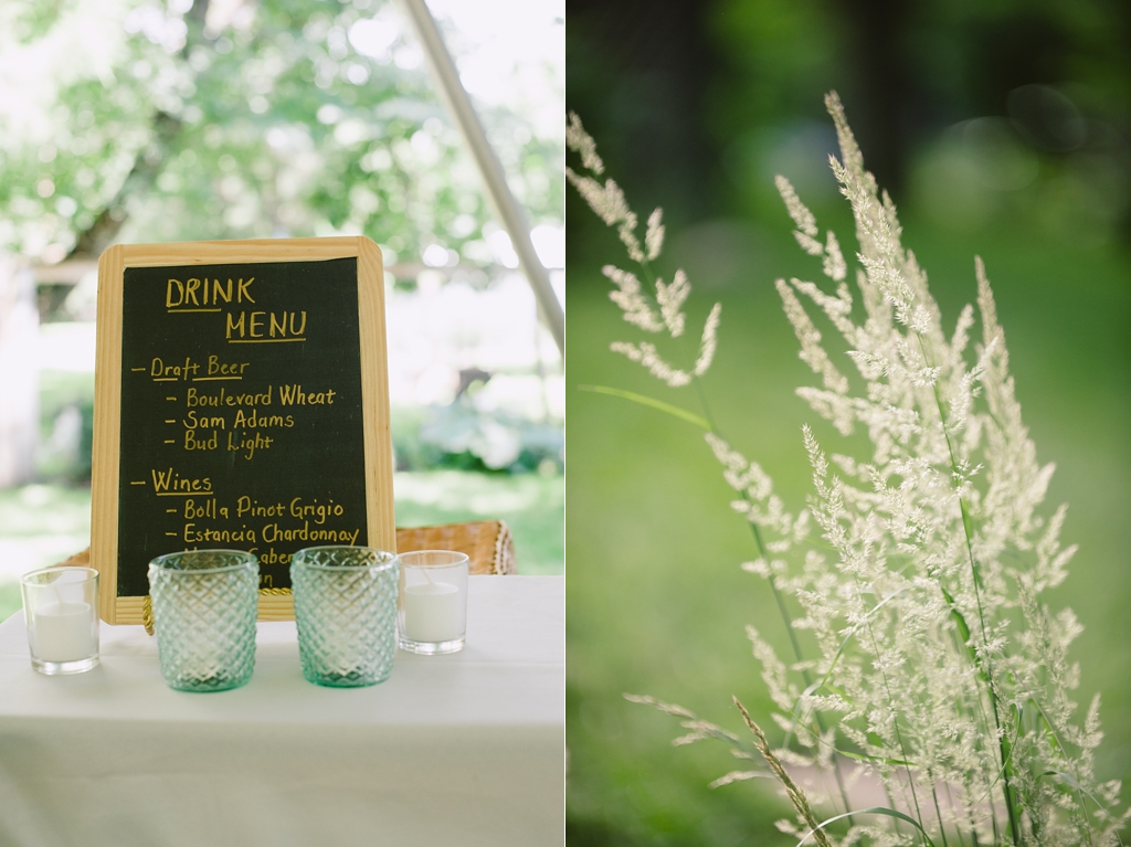 wedding reception drink menu, soft decorative grasses in midwest backyard wedding