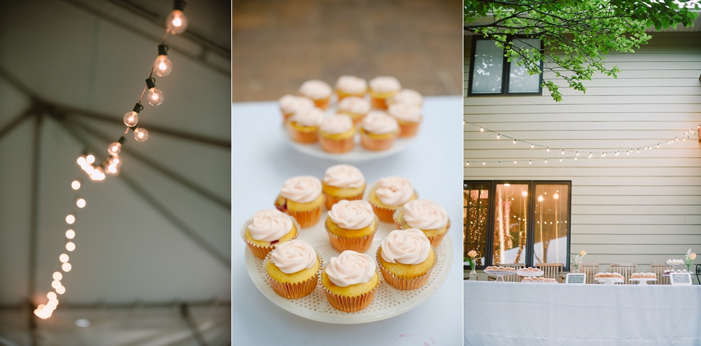 midwest backyard wedding with string lights and cupcakes