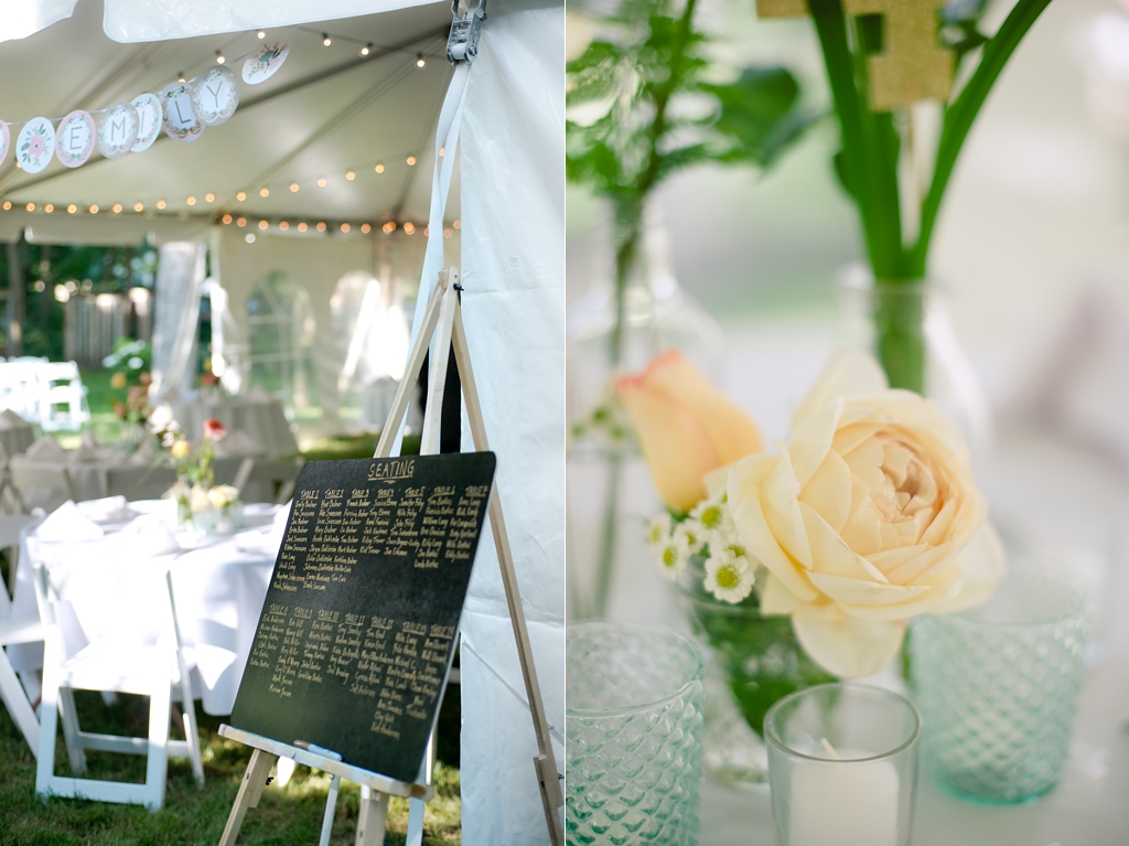 midwest backyard wedding seating chart and centerpiece details