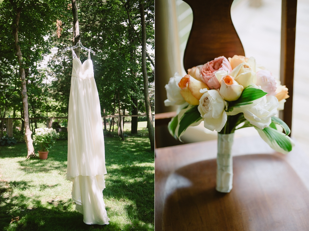 wedding dress hanging in backyard, simple bouquet with roses