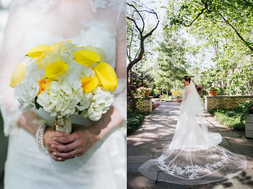 bridal bouquet with white and yellow, bride with train spread on arboretum path