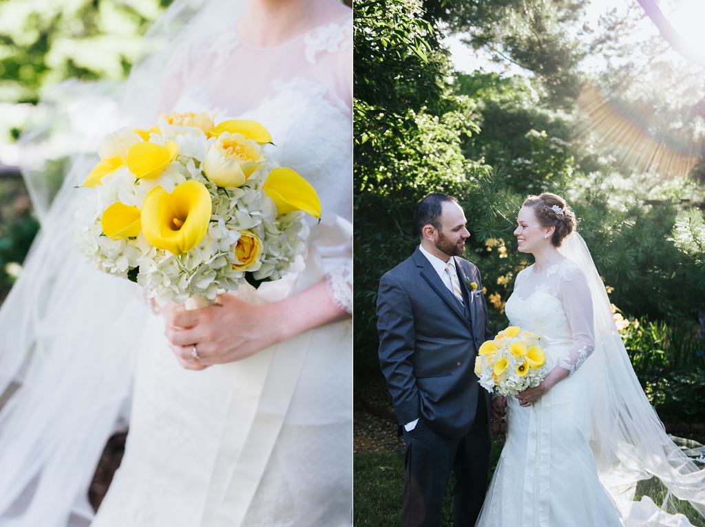 bridal bouquet of white with yellow lilies, wedding portraits at minnesota arboretum