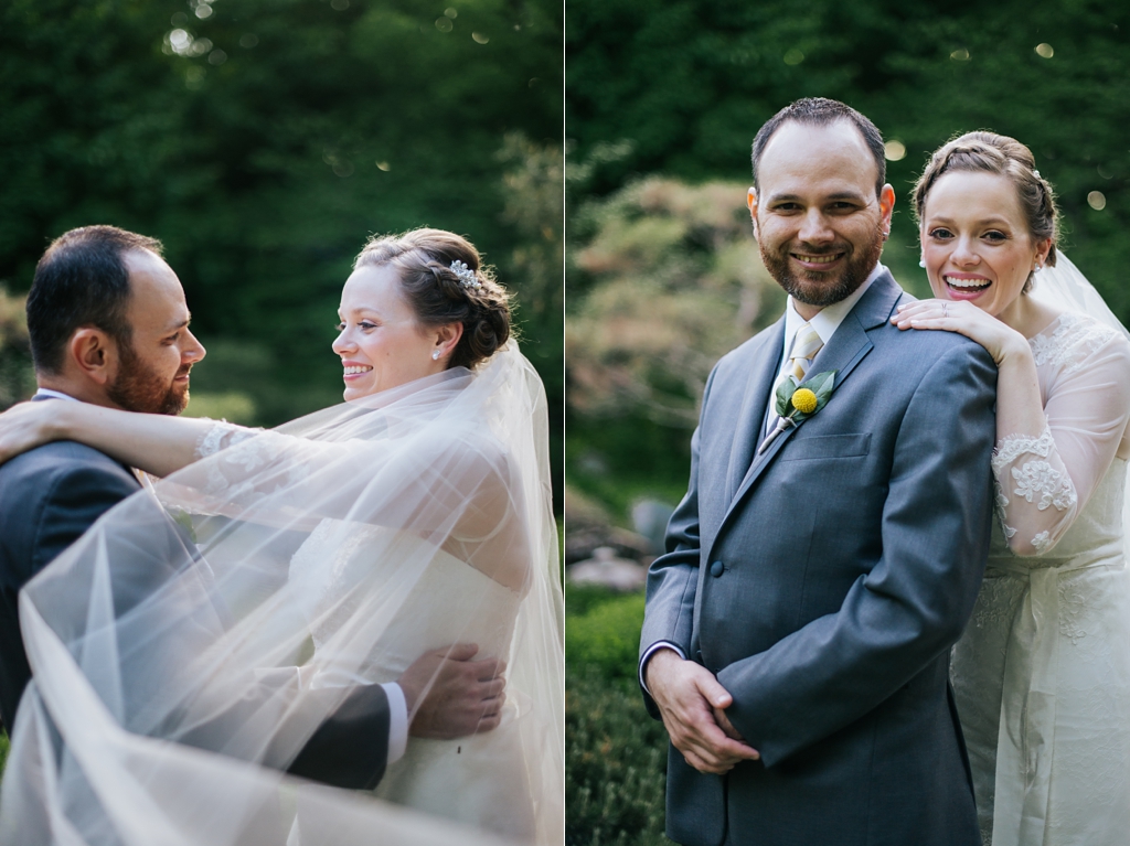 newlywed couple embraces during outdoor portraits