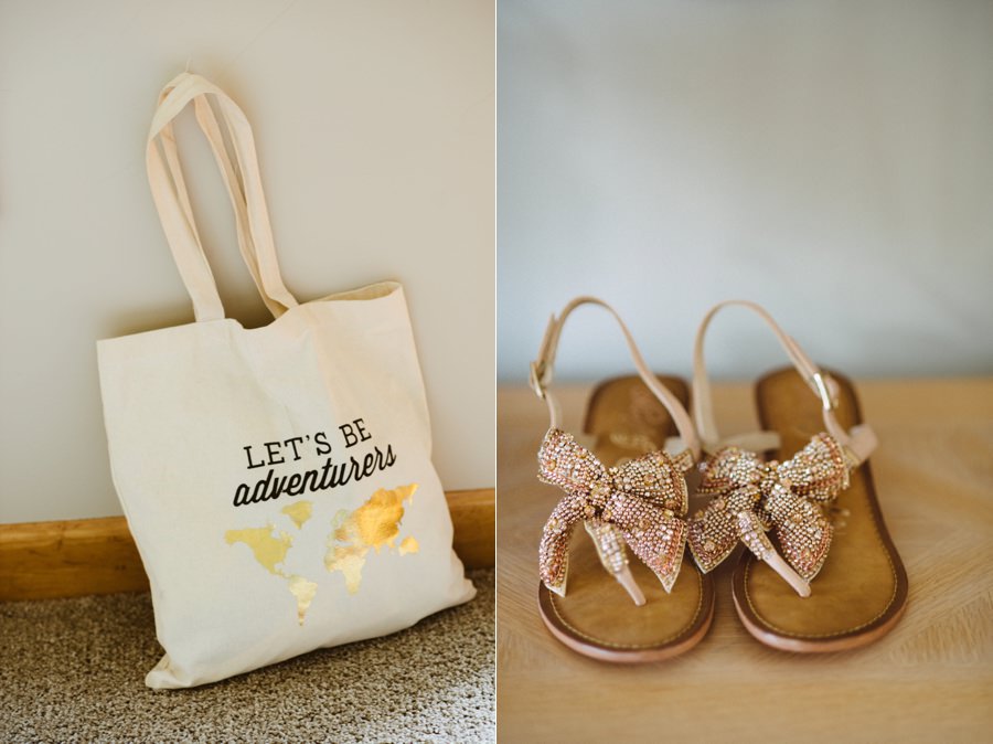 wedding details tote in gold and sandals