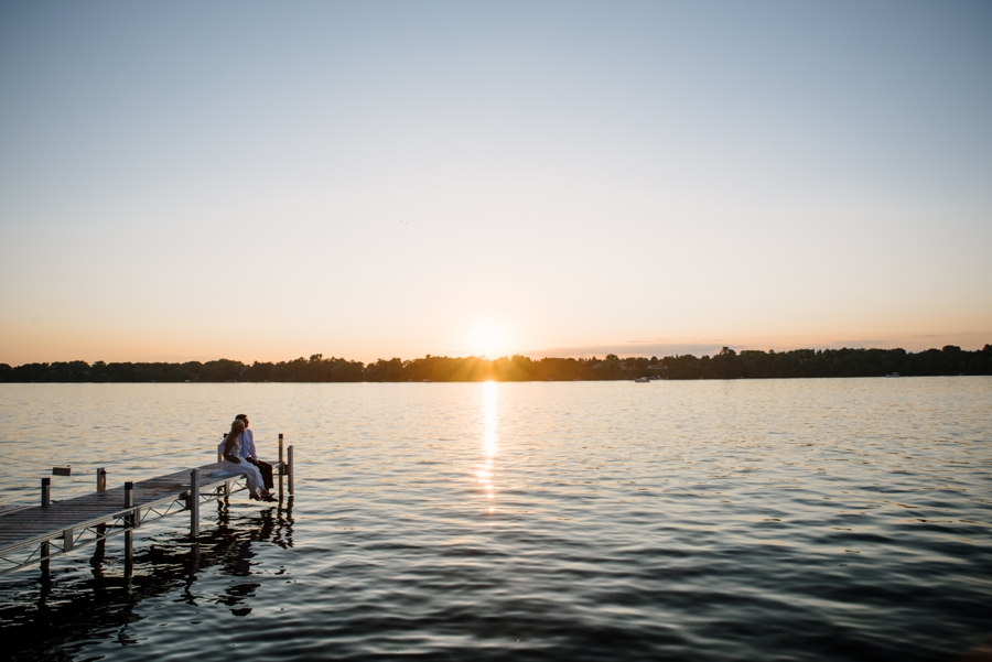 summer sunset bride and groom photos by the lake