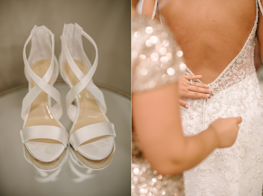 back of wedding dress and bridal shoes