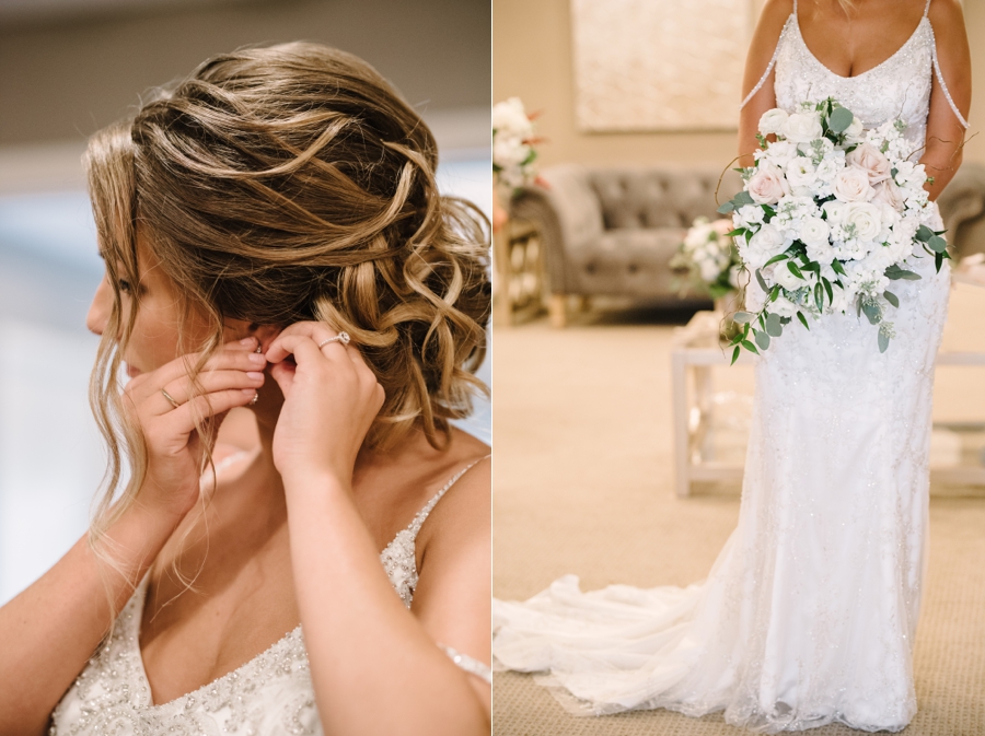 finishing touches on bride, and bride with bouquet