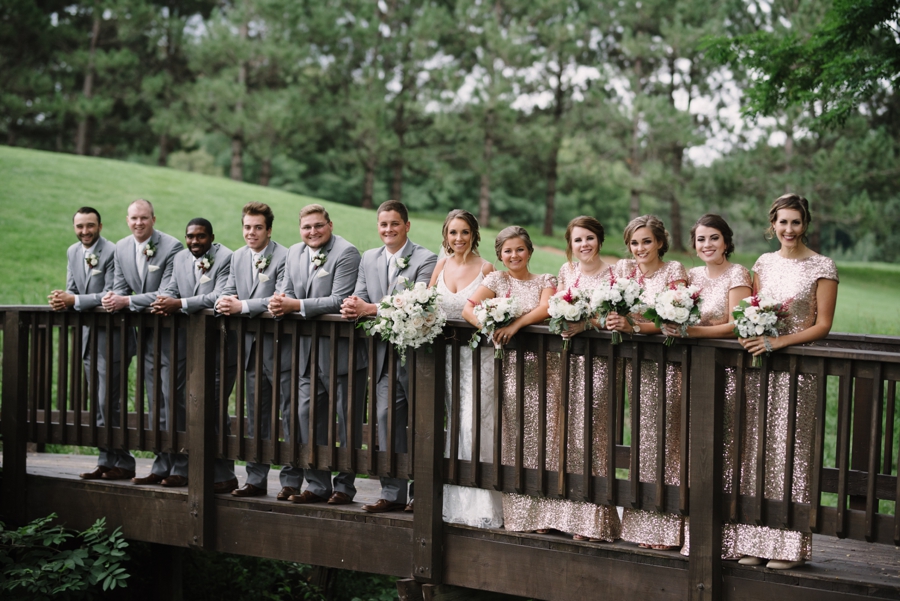 bride and groom with bridesmaids and groomsmen on bridge
