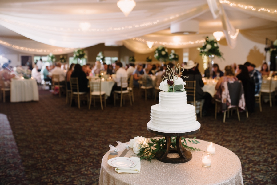 wedding reception with wedding cake in forefront of picture