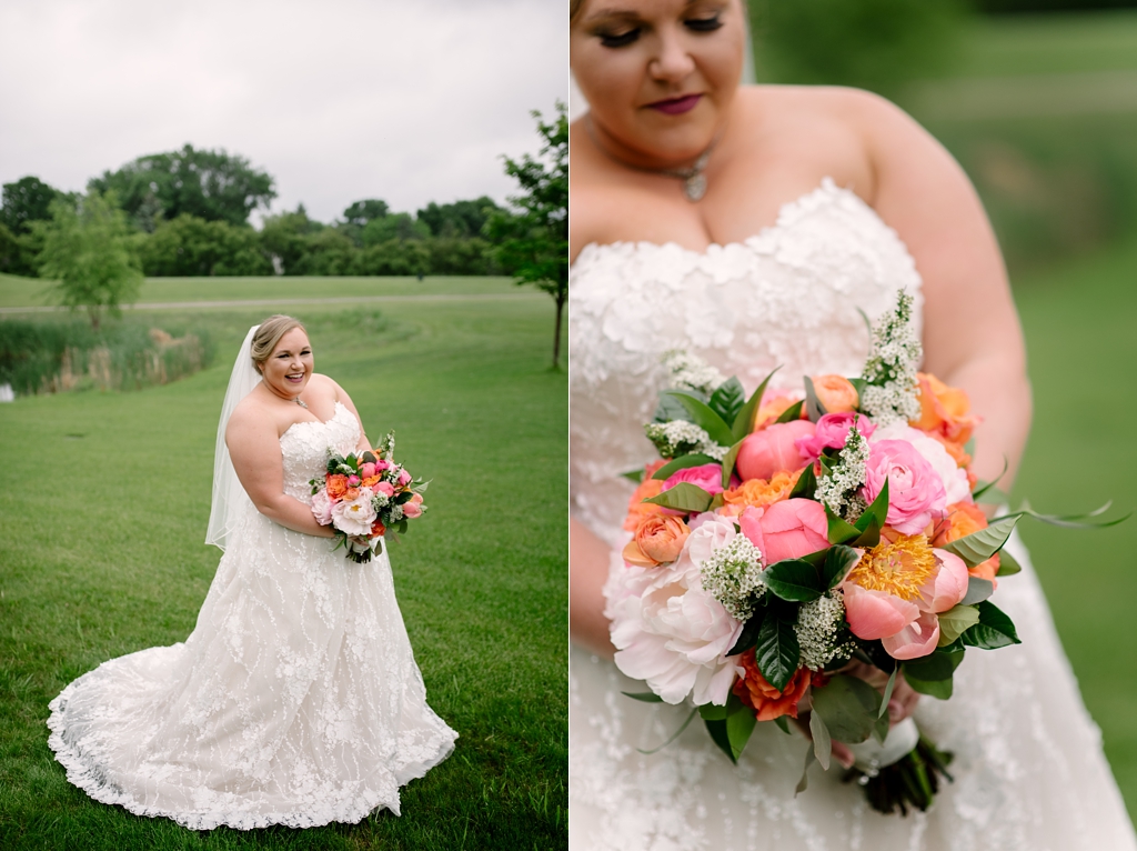 outdoor summer bridal photo with bouquet