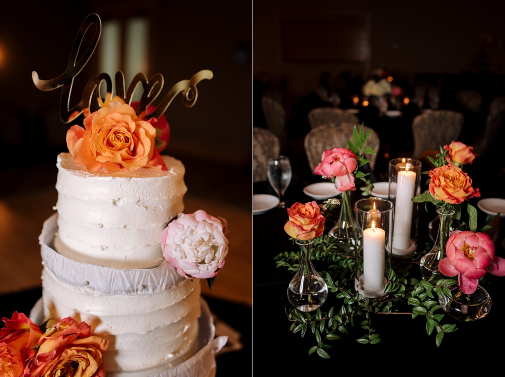 rustic wedding cake with orange and pink flowers