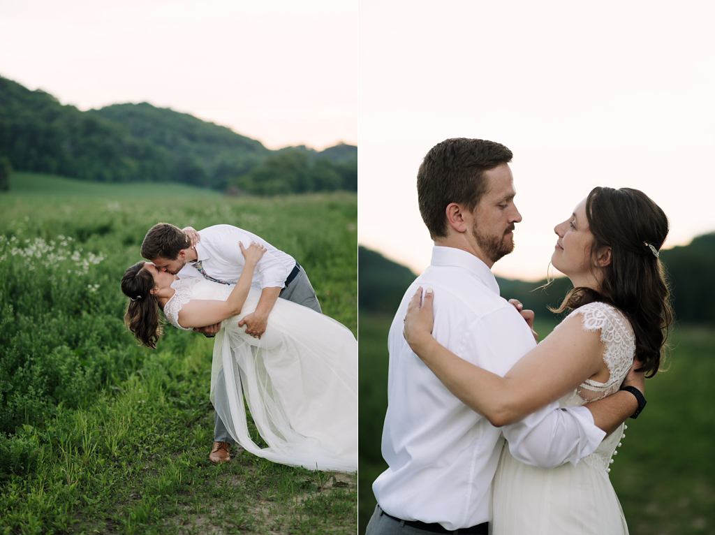 groom dipping bride to kiss in green field