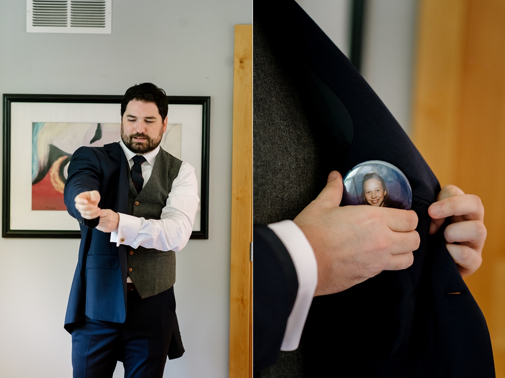 Groom putting on his jacket during Minneapolis wedding