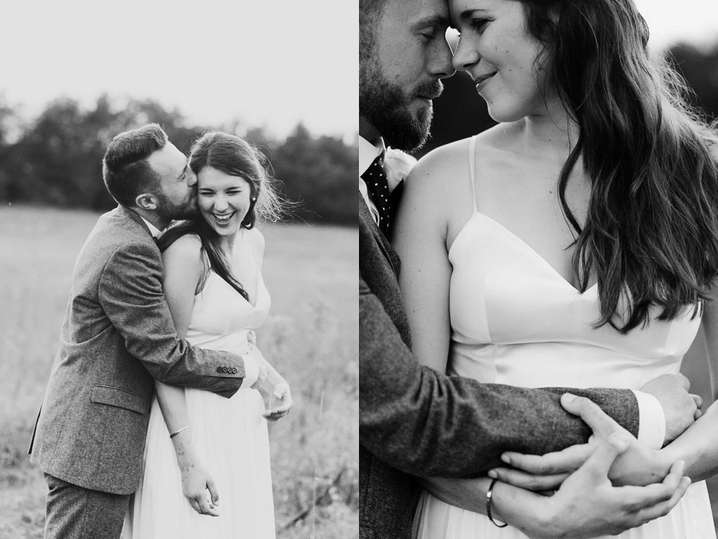 black and white portraits of groom embracing bride