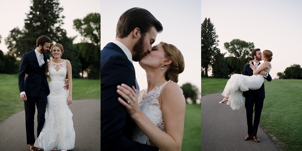 groom carries bride during pictures at Minnesota Valley Country Club wedding