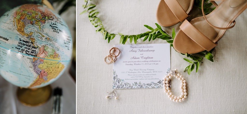 globe wedding guest book; detail of wedding invitation, jewelry, and shoes