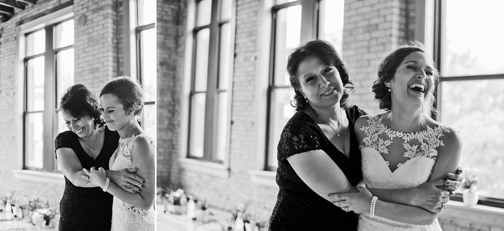 black and white images of bride and mother embracing and laughing