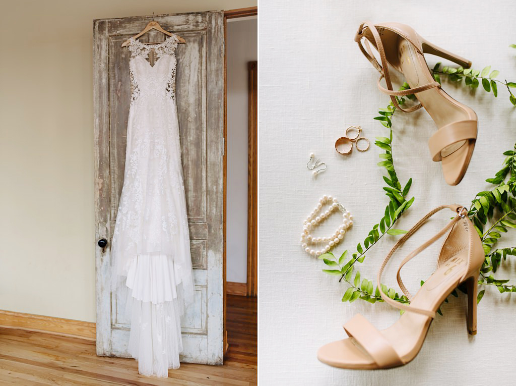 wedding dress hanging on old door; detail of bride's accessories