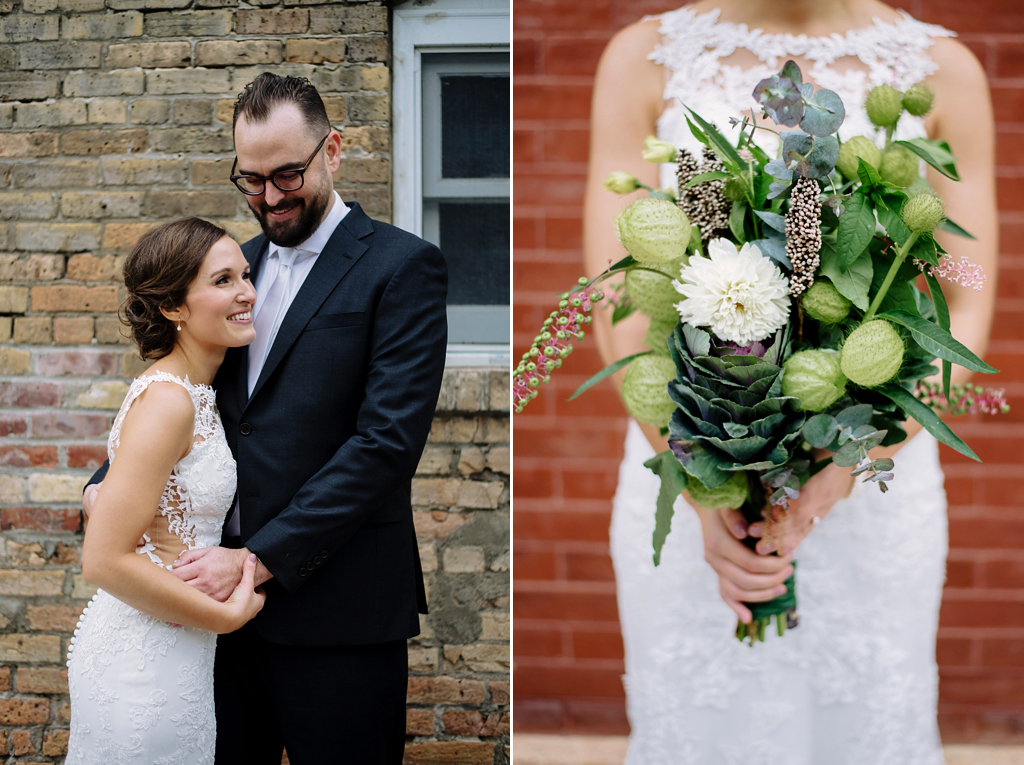 Happy bride and groom holding bouquet of flowers in Minneapolis wedding