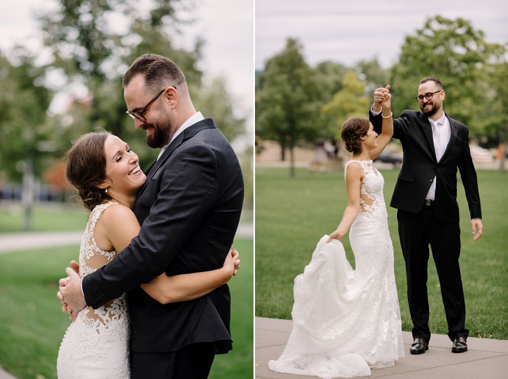bride and groom embrace; bride and groom dance in minneapolis park