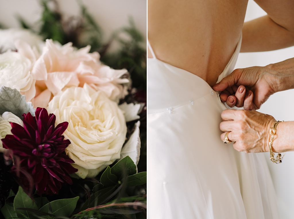 bouquet details and bride being zipped into dress