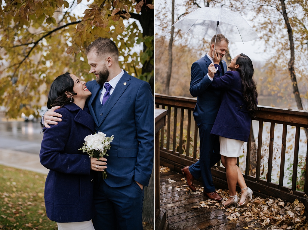 newlyweds in fall rain outdoor portraits