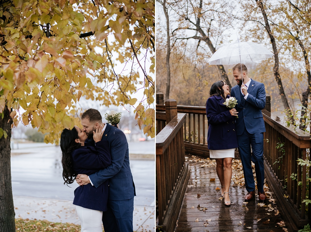 newlywed portraits in rain with umbrella