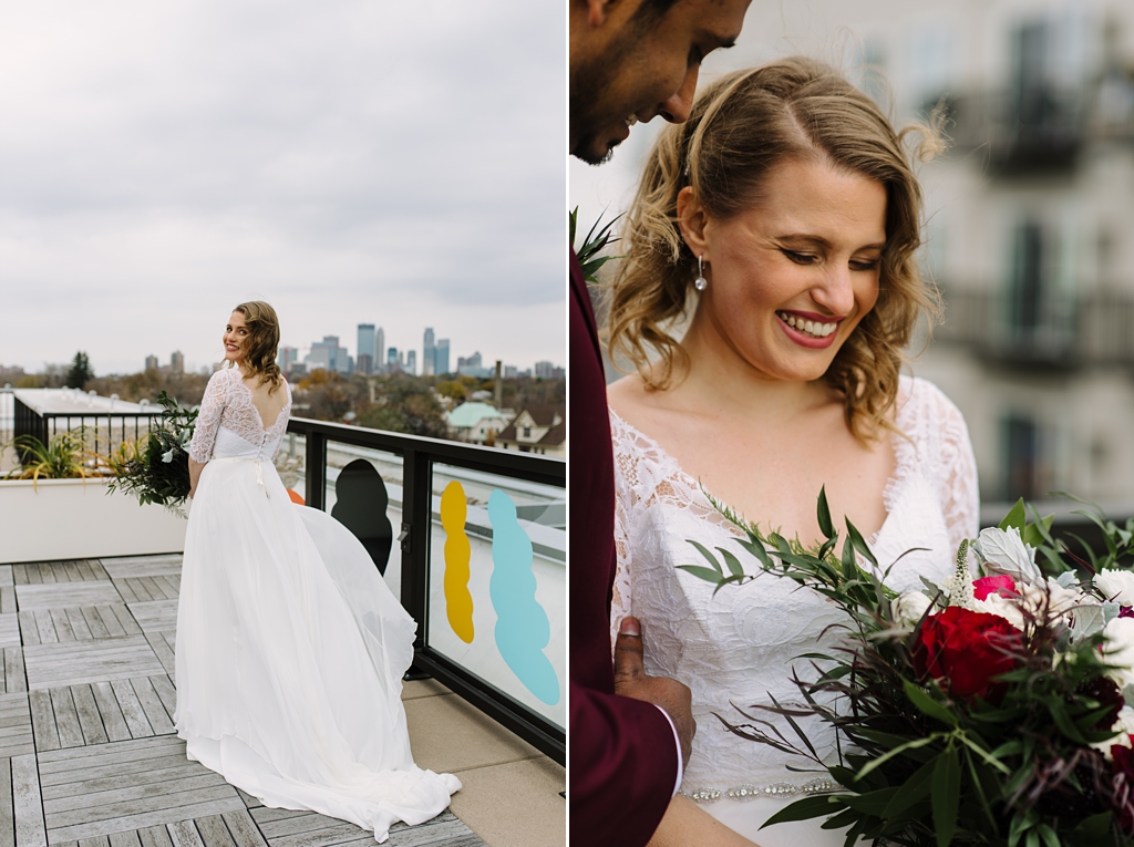 bride on rooftop with minneapolis skyline