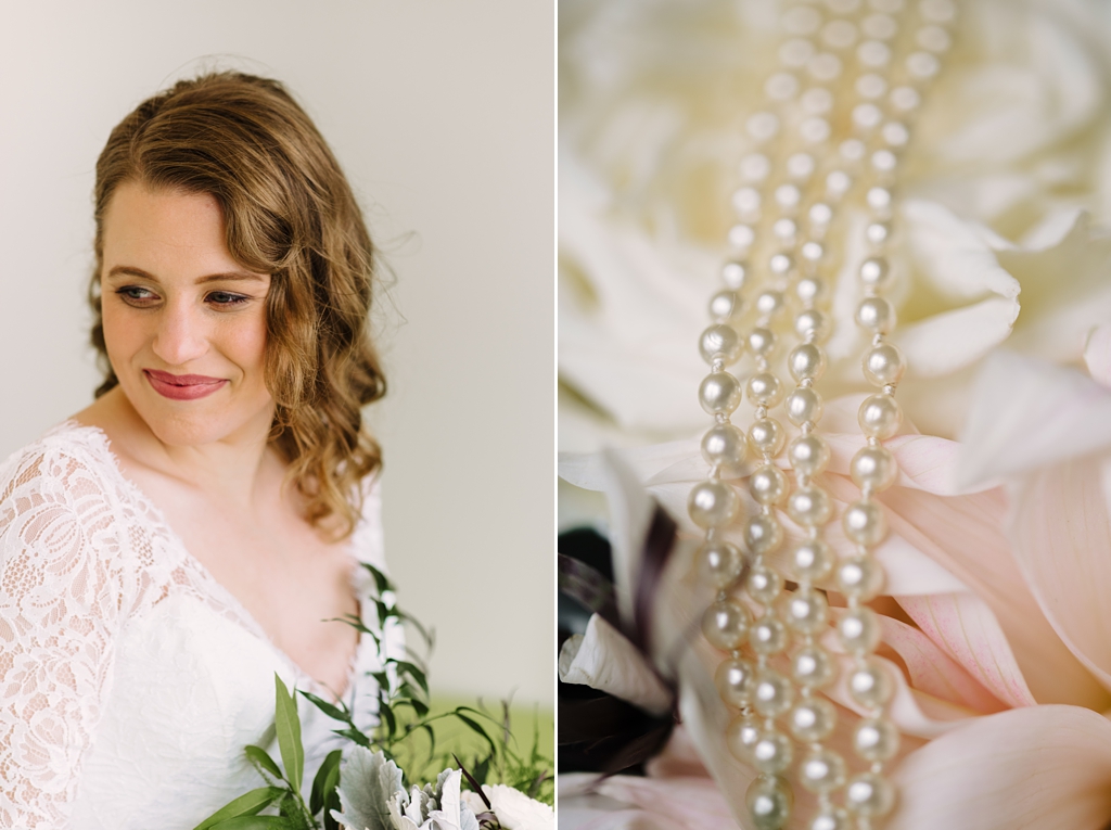 bride looking over shoulder, wedding pearls detail