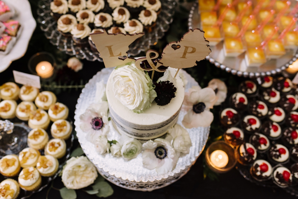 wedding cake and desserts at five event center