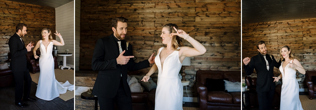 bride and groom goofing off for camera at minnesota wedding
