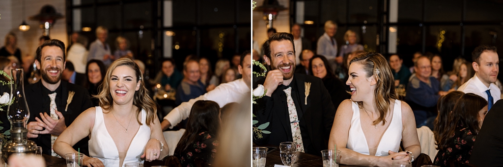 bride and groom react to toasts during serenity hills reception