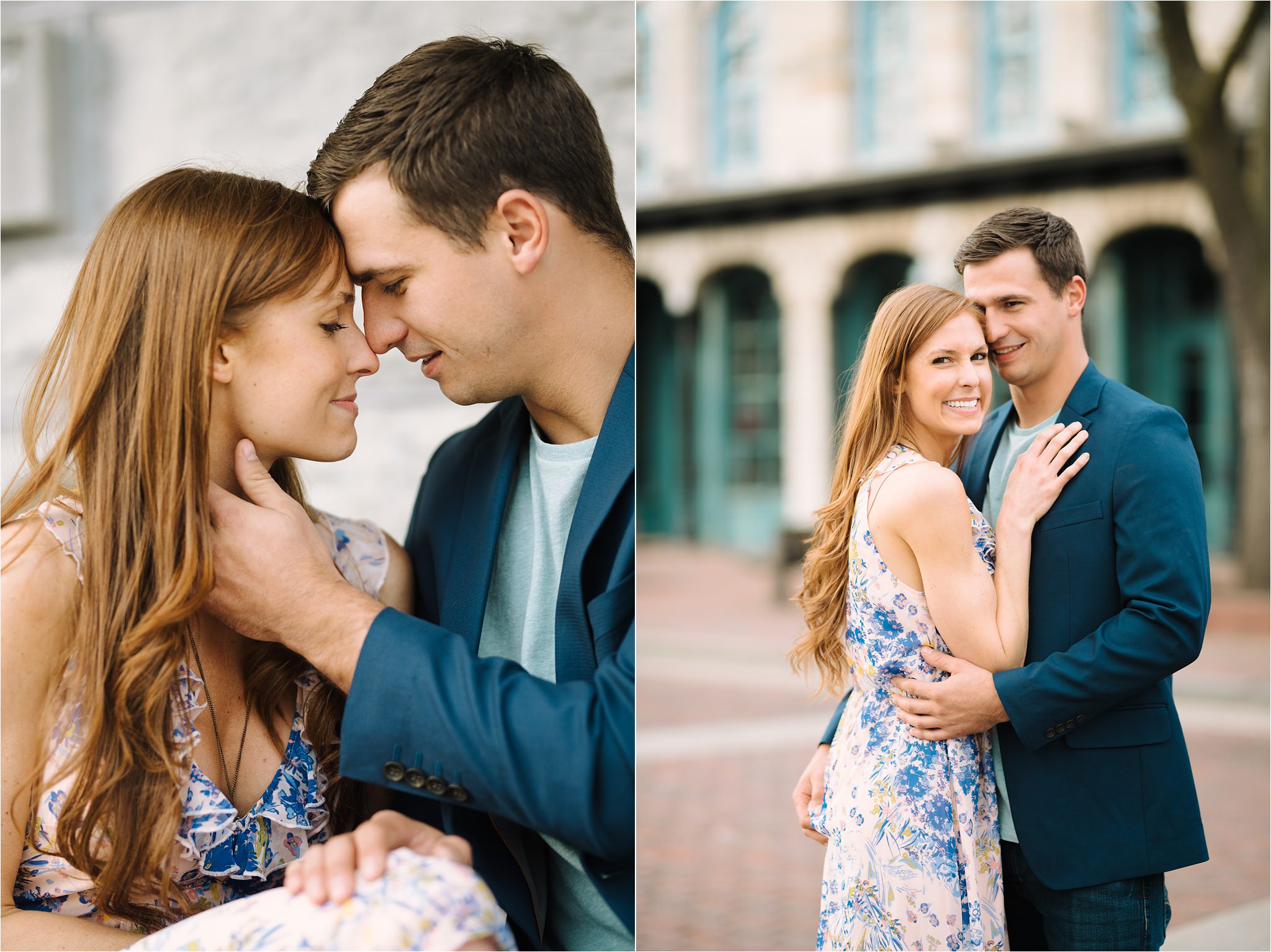 Romantic couple embracing in Minneapolis St Anthony Main engagement photos
