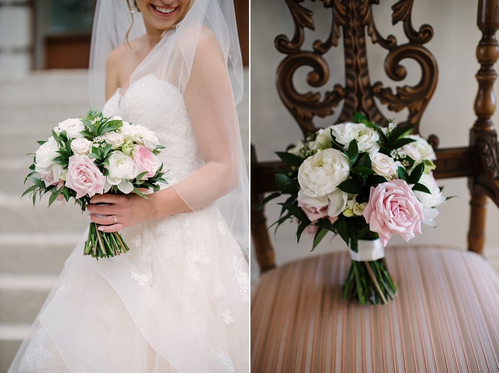 wedding bouquet details white and soft pink