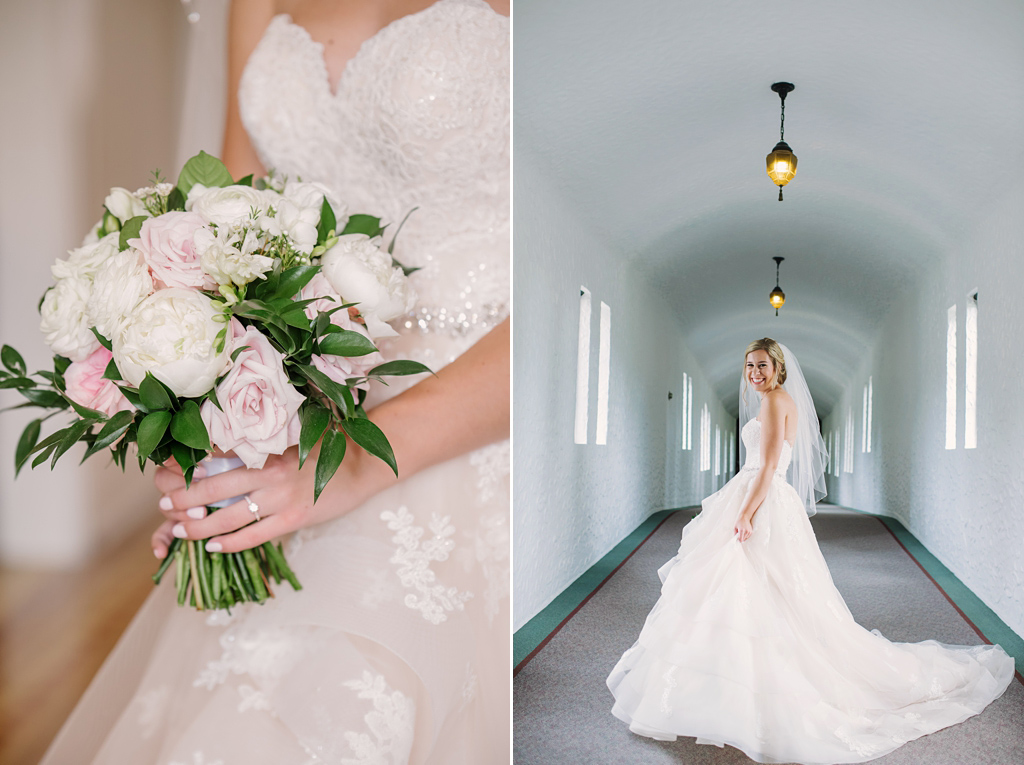 detail of bride holding bouquet, bride twirling dress in church hallway
