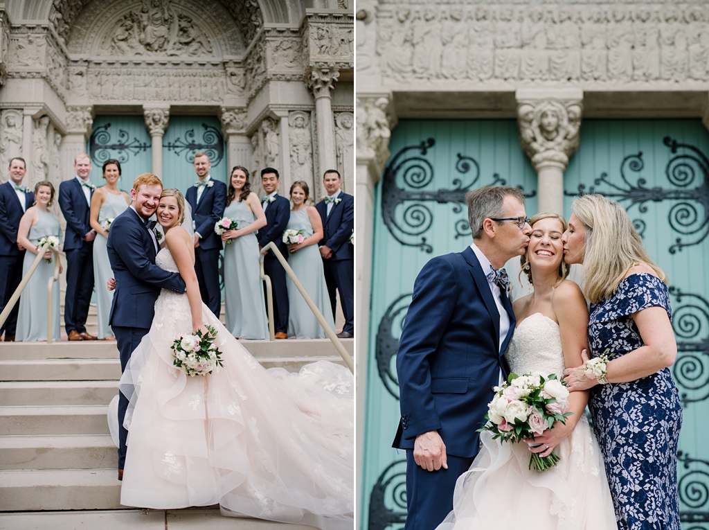 wedding party poses on chapel steps, bride's parents kiss her cheeks