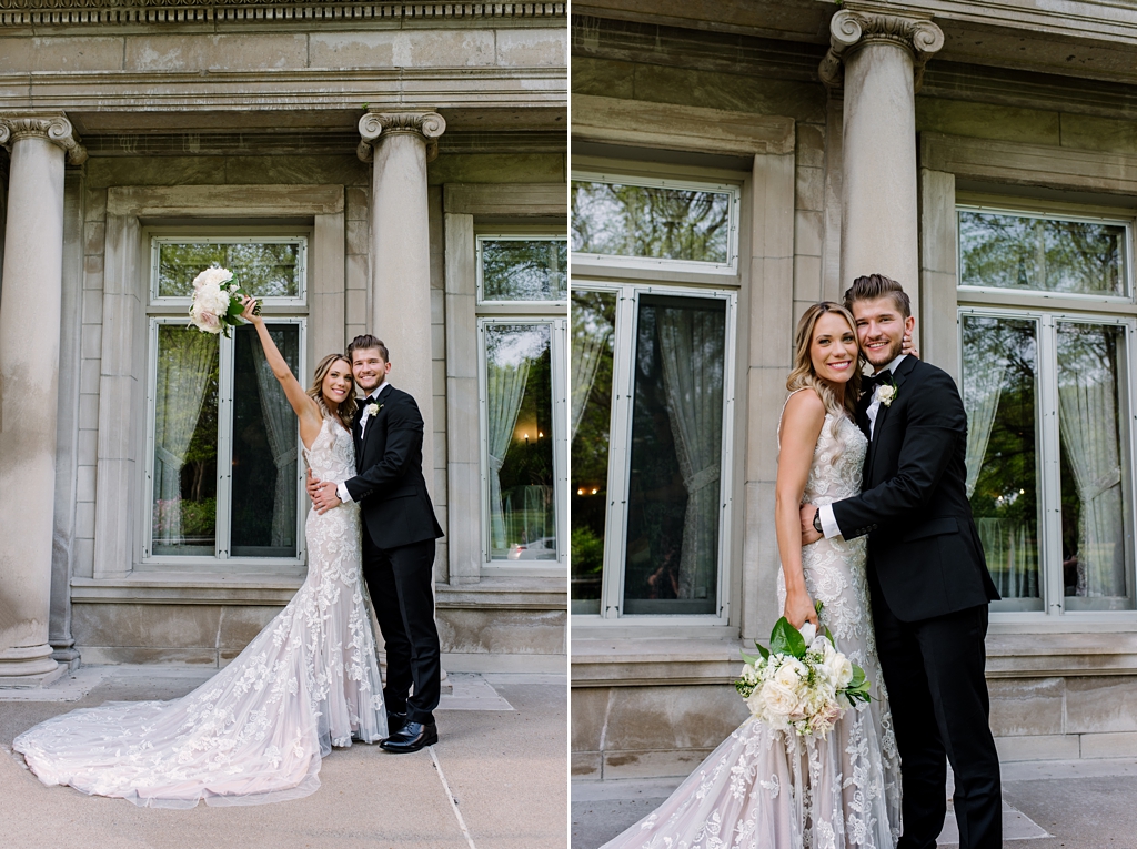 celebrating bride and groom pose outside gale mansion minneapolis