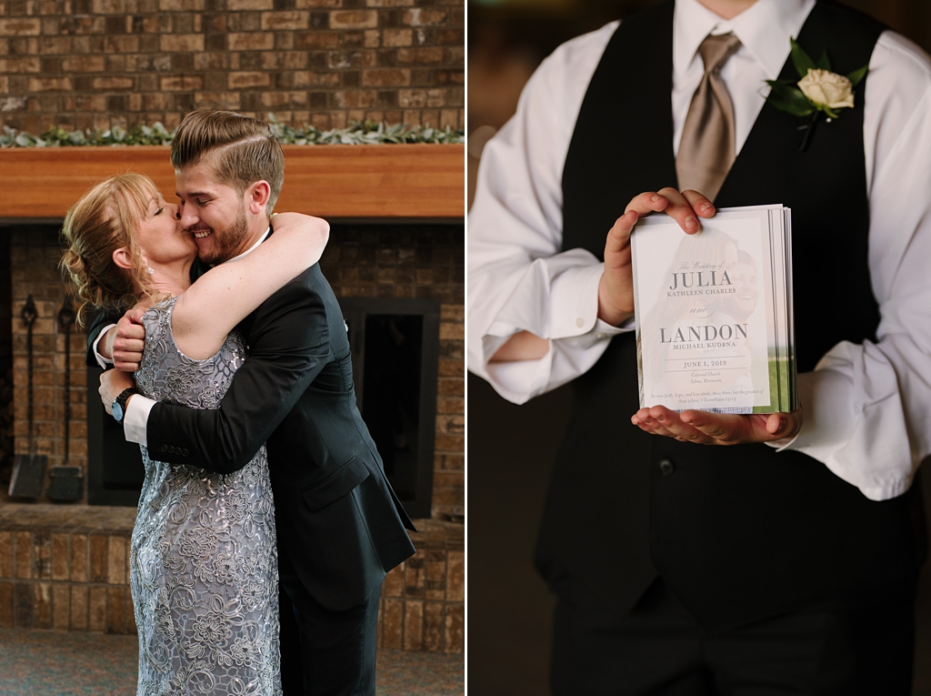 groom's mother kisses his cheek, usher displayed wedding invite
