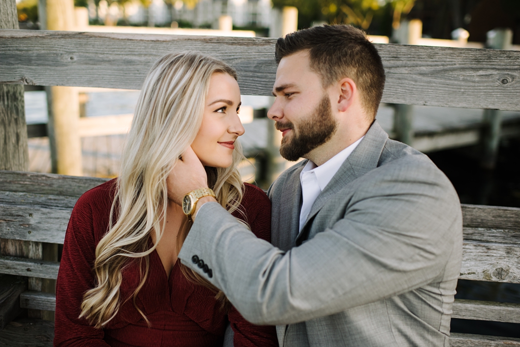 engaged couple gazing into each other's eyes during photo session