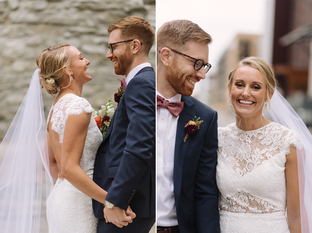 bride and groom smile together before wedding ceremony