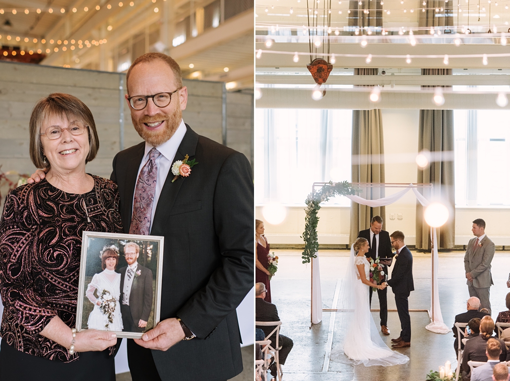 groom's parents pose with their wedding picture, machine shop wedding ceremony minneapolis