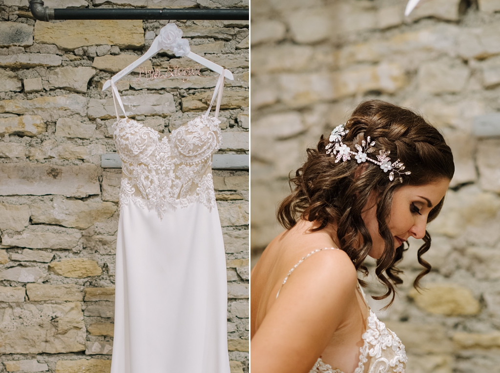 detail of wedding dress and bride's hair accessories